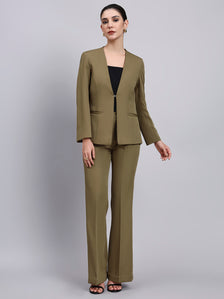 Tailored Willow Green Lapel Less Blazer-Set with Flared Pants