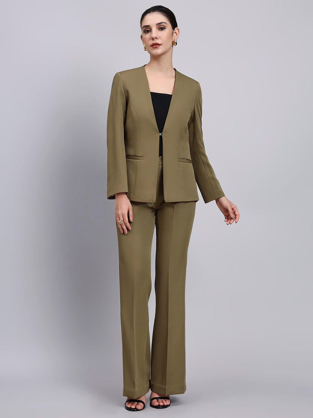 Women Green Single-Breasted Formal Pantsuit paired with black square-neck Camisole