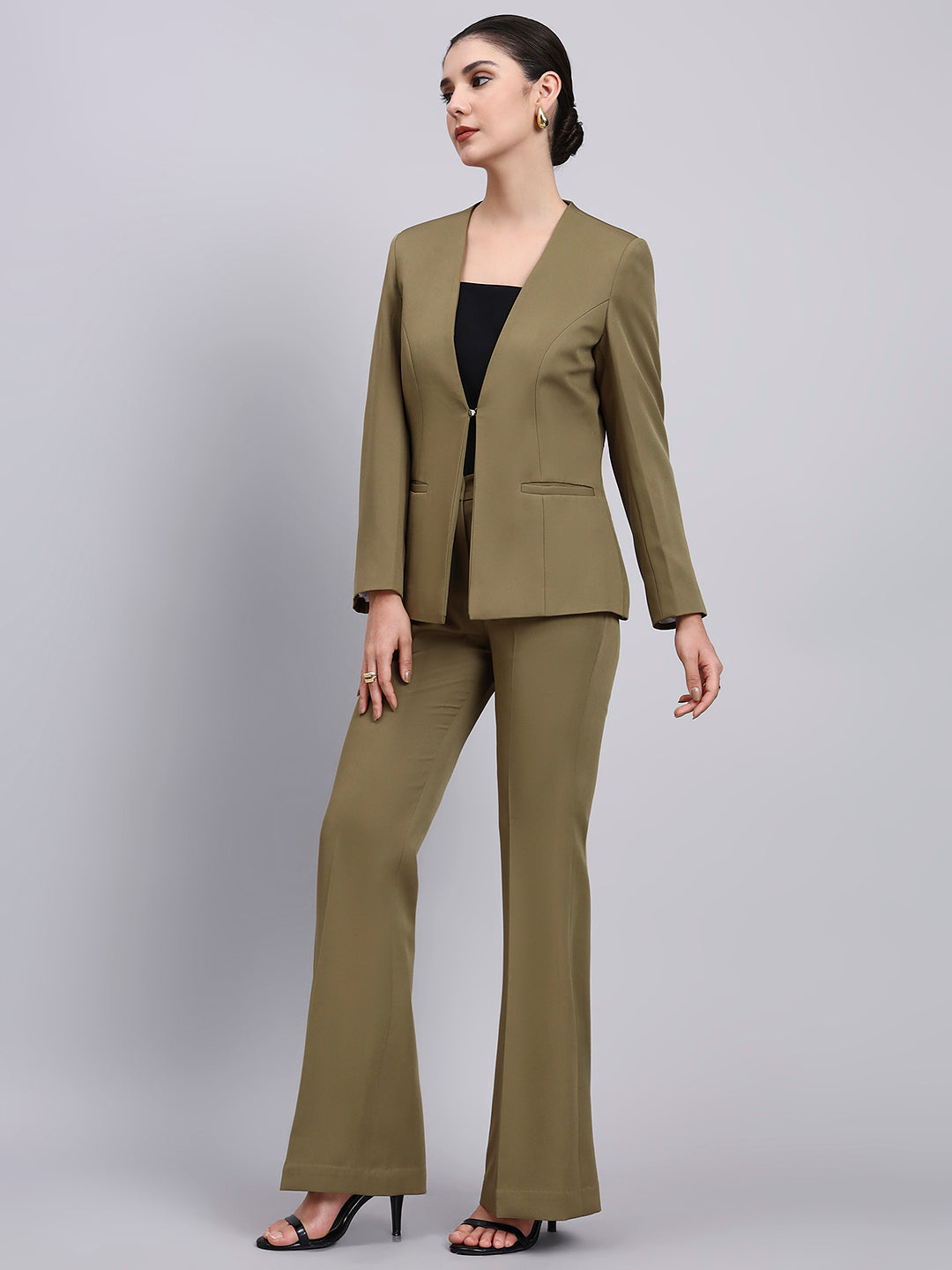 Tailored Willow Green Lapel Less Blazer-Set with Flared Pants