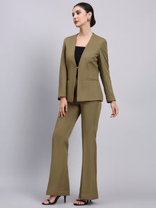 Tailored Willow Green Lapel Less Blazer-Set with Flared Pants