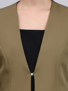 Tailored Willow Green Lapel Less Blazer-Set with Flared Pants