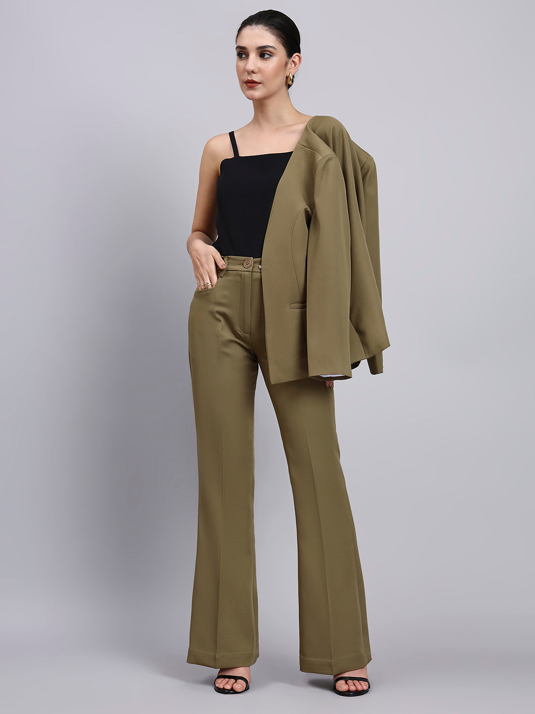 Tailored Willow Green Lapel Less Blazer-Set with Flared Pants
