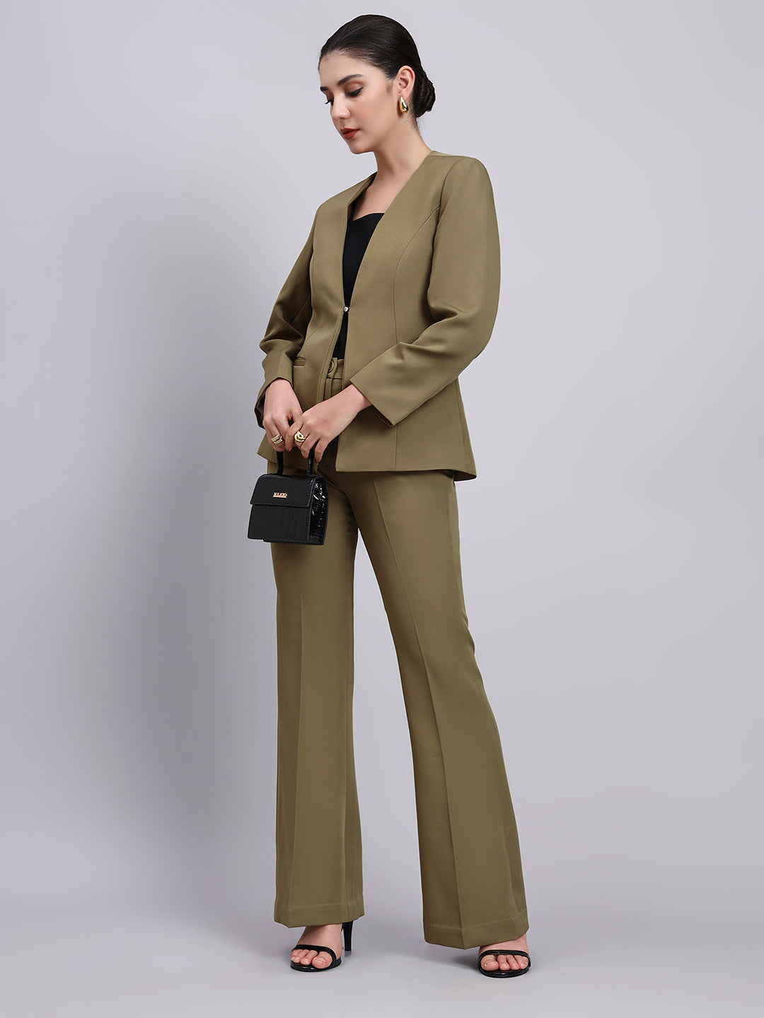 Tailored Willow Green Lapel Less Blazer-Set with Flared Pants