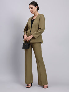 Tailored Willow Green Lapel Less Blazer-Set with Flared Pants