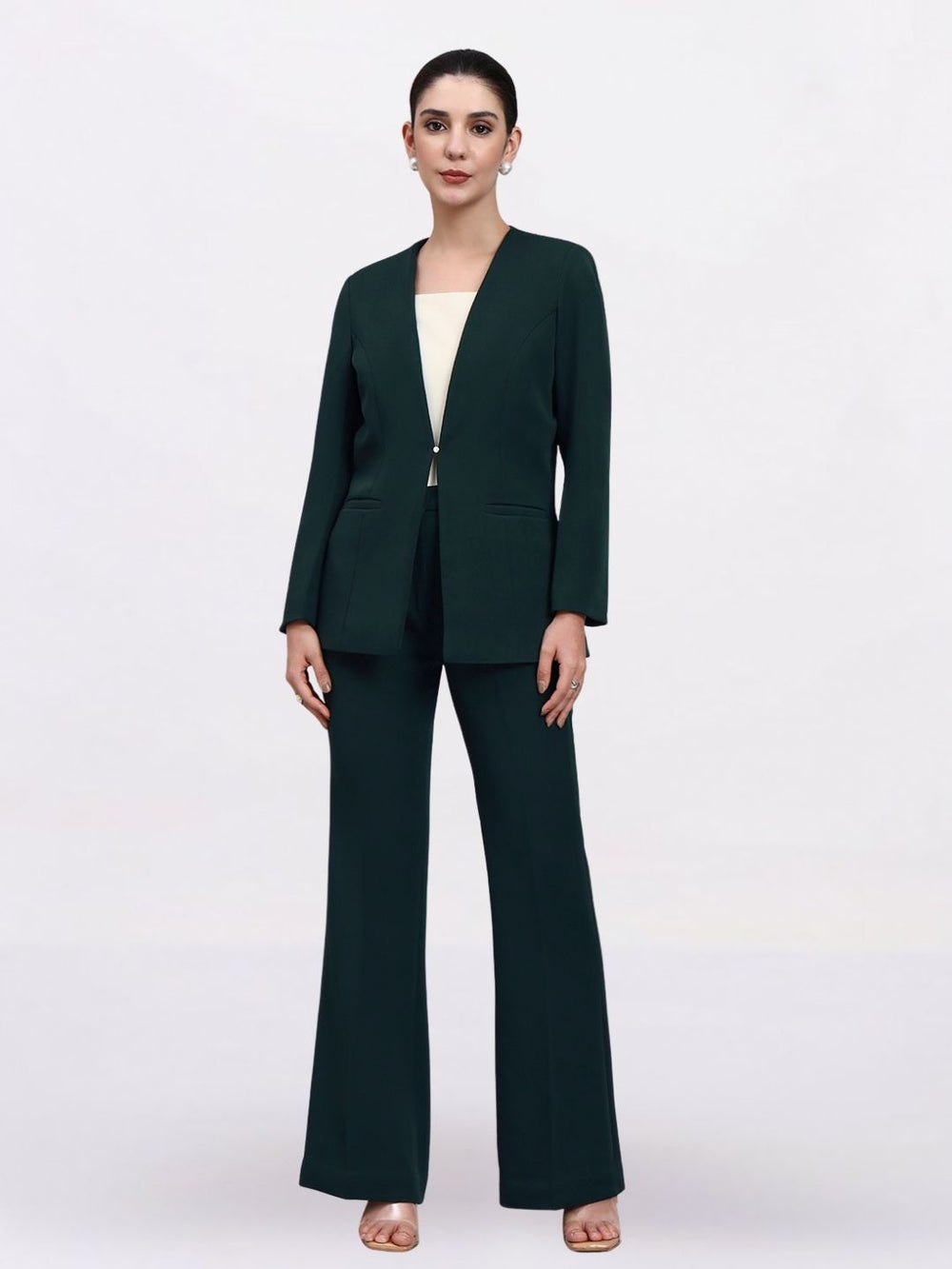 Women Bottle Green Lapel Less Formal Pantsuit