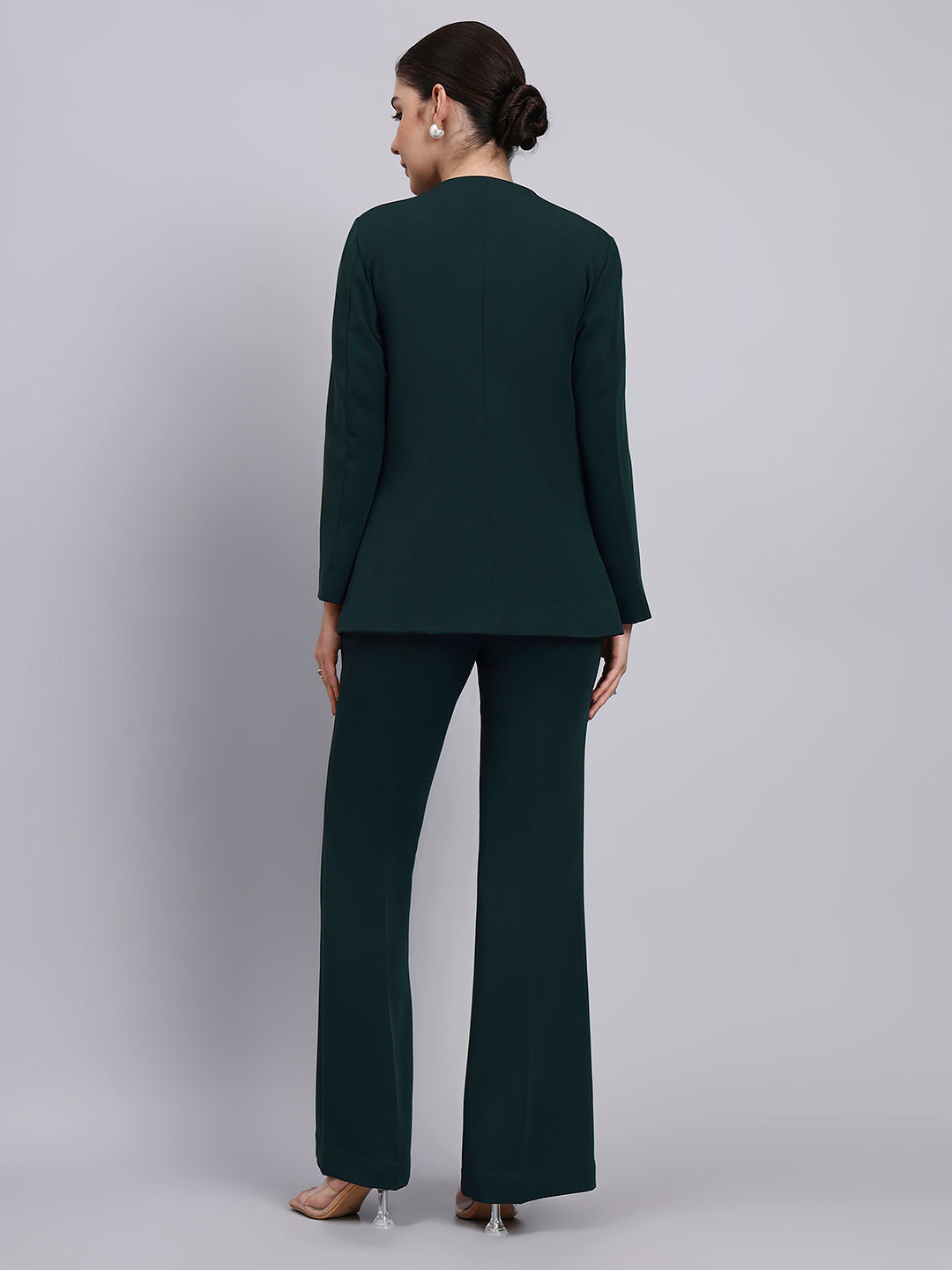 Tailored Bottle Green Lapel Less Blazer-Set with Flared Pants