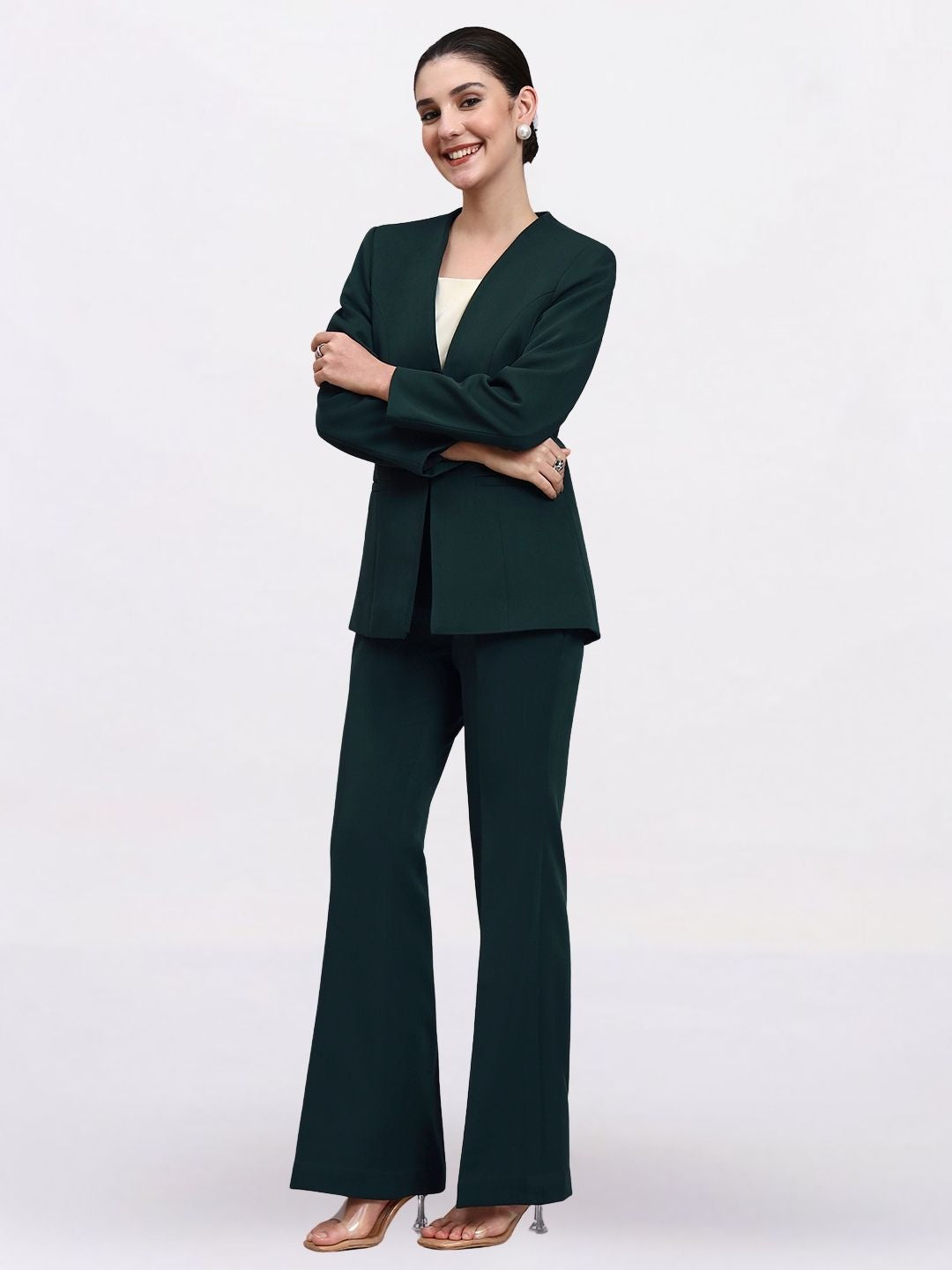 Women Bottle Green Lapel Less Formal Pantsuit