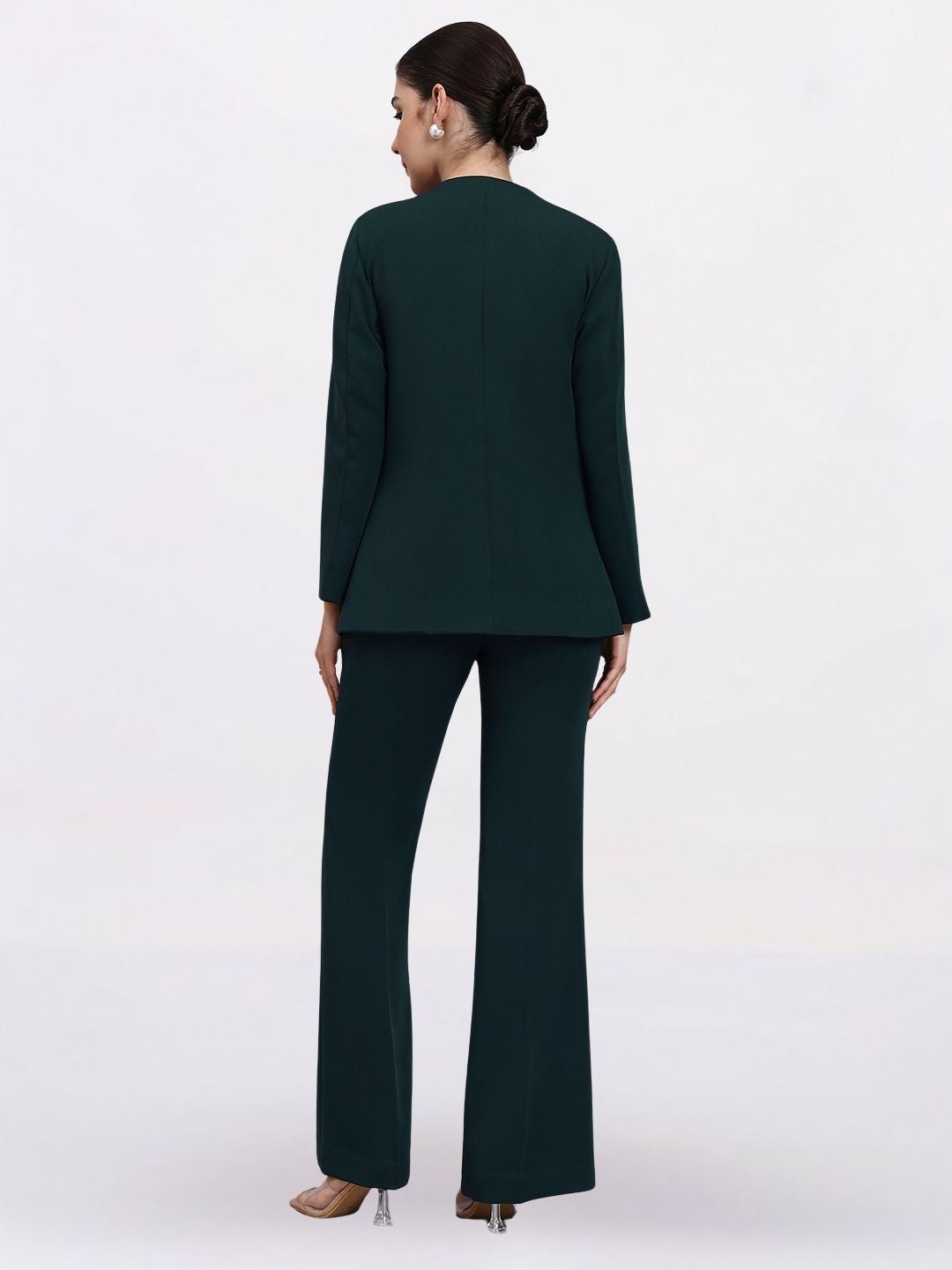 Women Bottle Green Lapel Less Formal Pantsuit