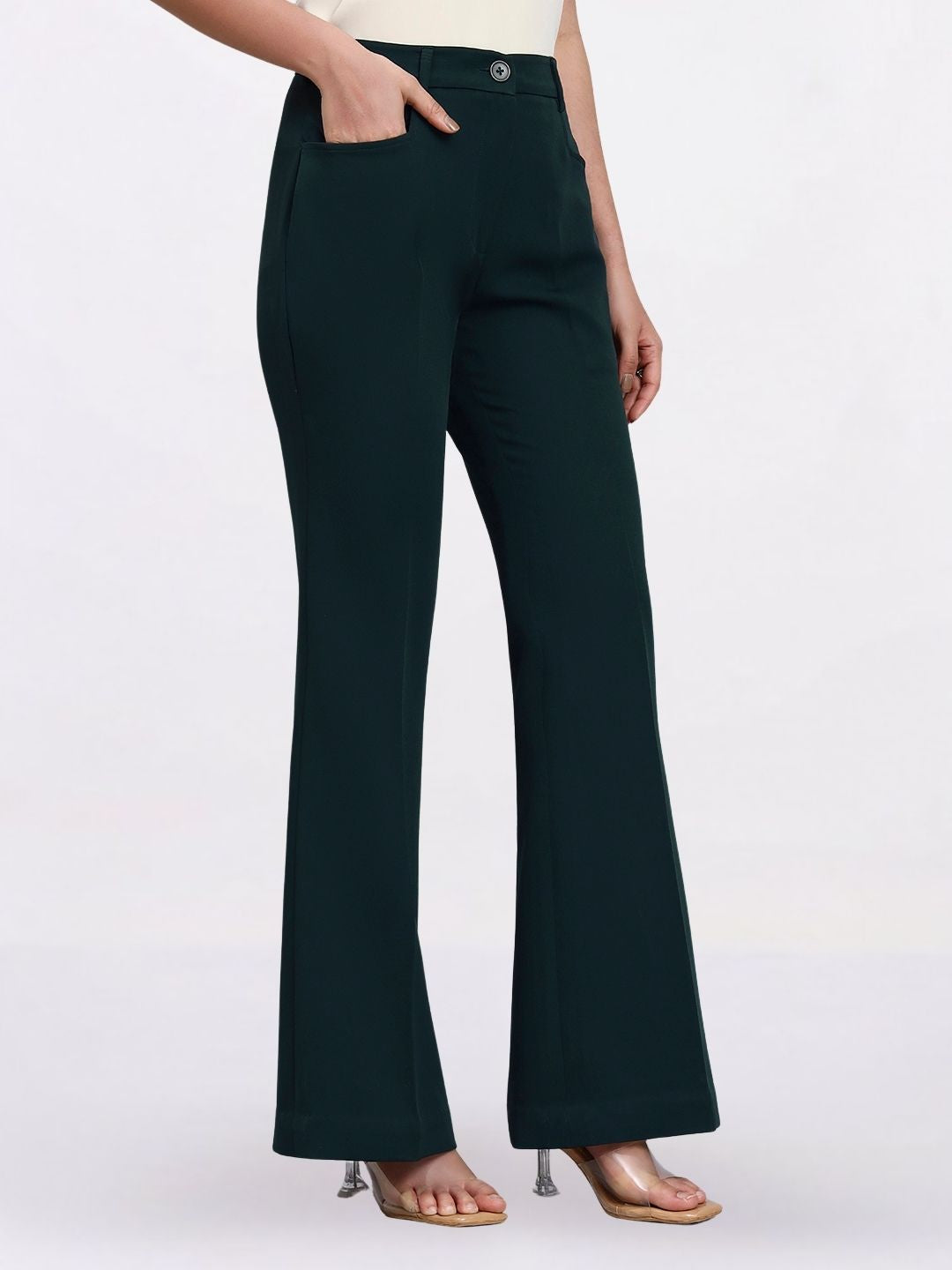 Women Bottle Green Lapel Less Formal Pantsuit