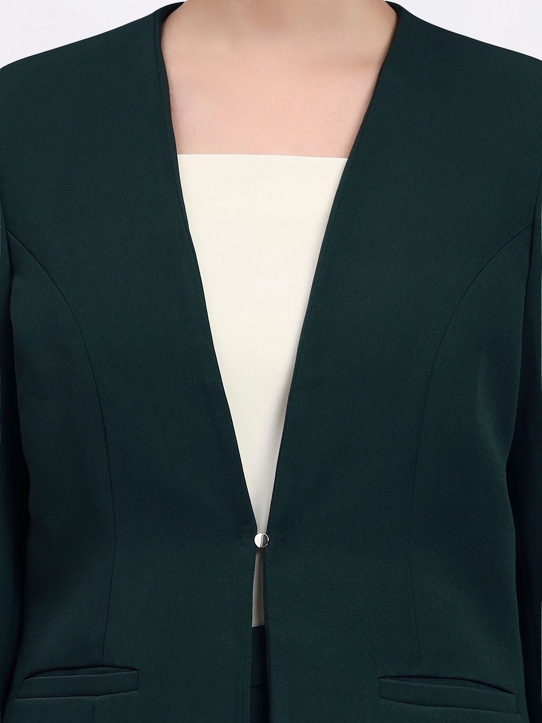 Women Bottle Green Lapel Less Formal Pantsuit