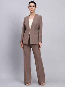 Tailored Beige-Brown Lapel Less Blazer-Set with Flared Pants