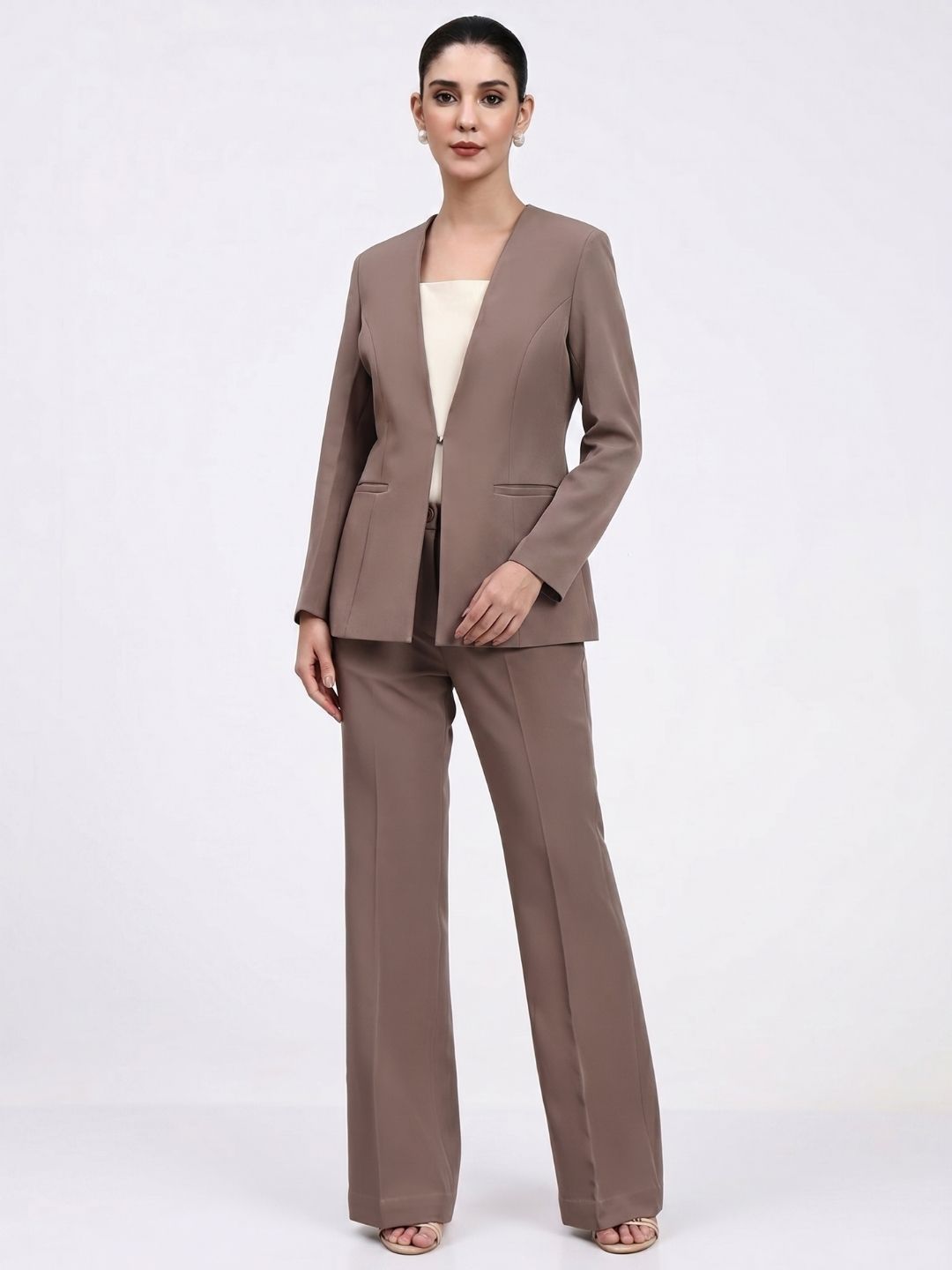 Women Beige-Brown Lapel Less Formal Powersuit