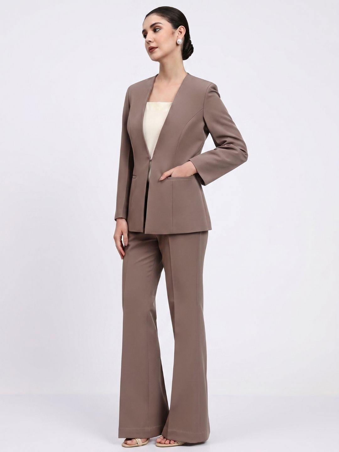 Women Beige-Brown Lapel Less Formal Powersuit