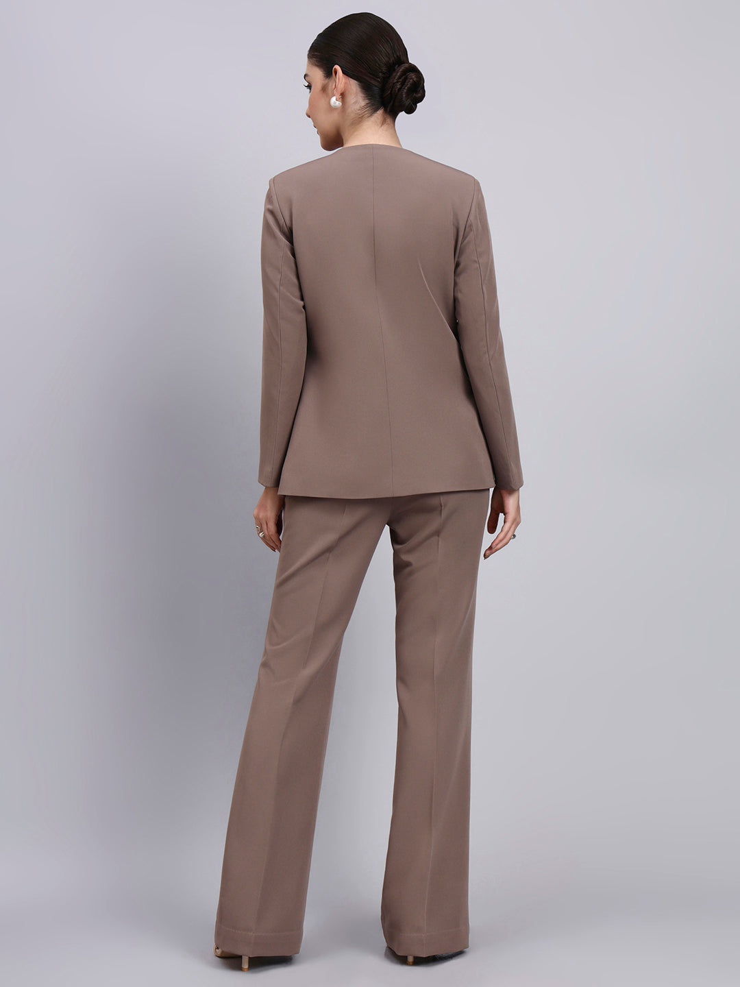 Tailored Beige-Brown Lapel Less Blazer-Set with Flared Pants