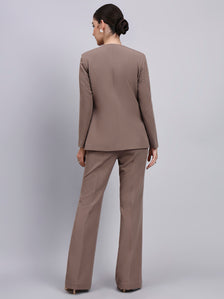 Tailored Beige-Brown Lapel Less Blazer-Set with Flared Pants