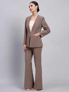 Tailored Beige-Brown Lapel Less Blazer-Set with Flared Pants