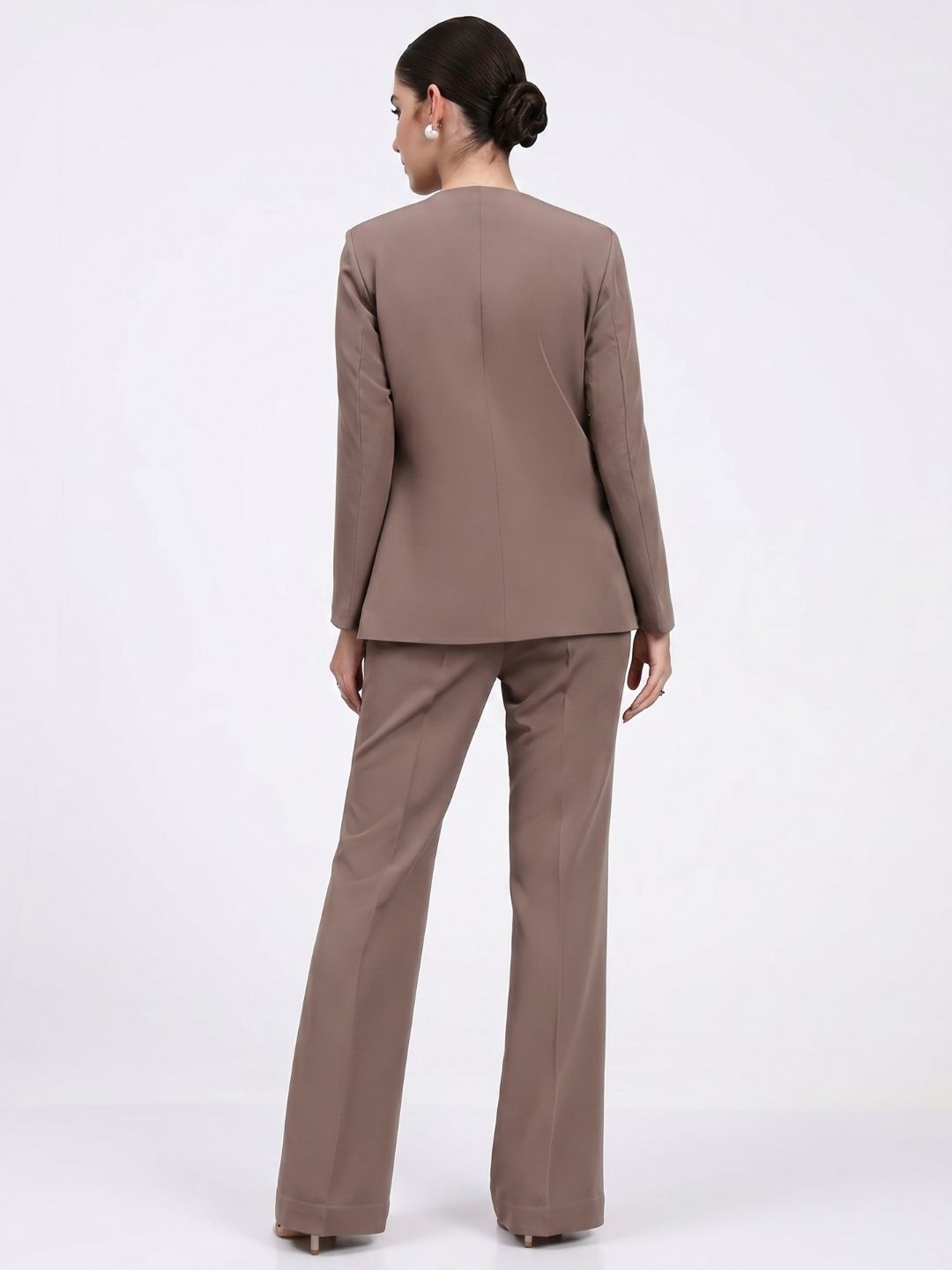 Women Beige-Brown Lapel Less Formal Powersuit