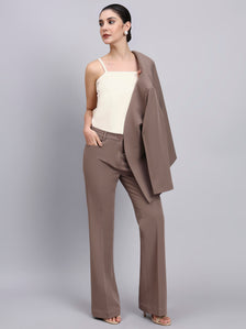 Tailored Beige-Brown Lapel Less Blazer-Set with Flared Pants