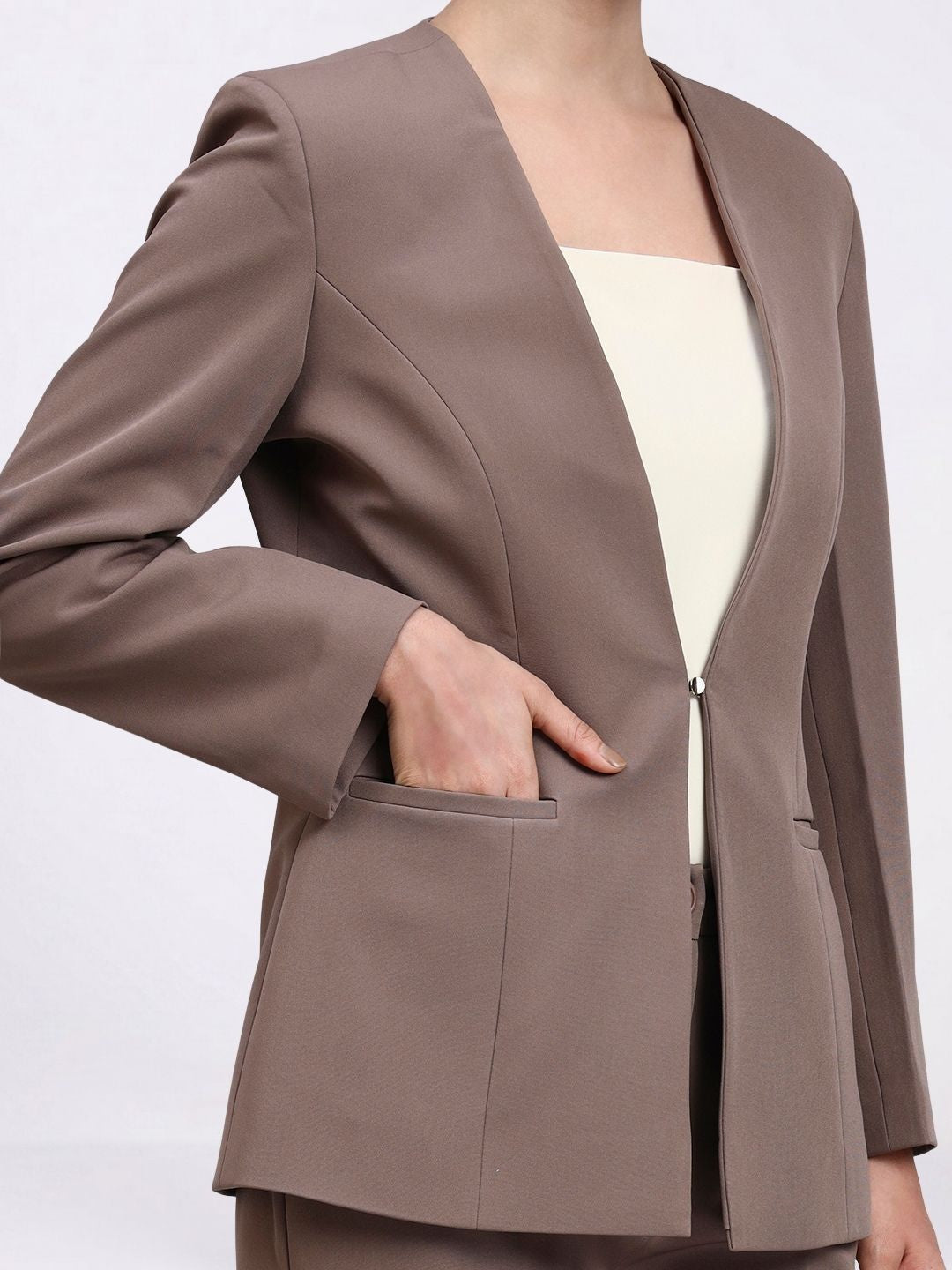 Women Beige-Brown Lapel Less Formal Powersuit