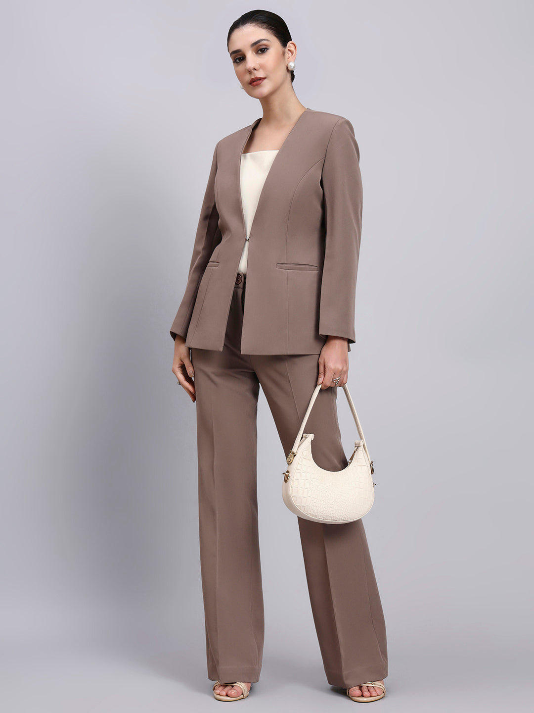Tailored Beige-Brown Lapel Less Blazer-Set with Flared Pants