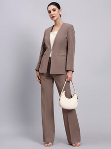 Tailored Beige-Brown Lapel Less Blazer-Set with Flared Pants