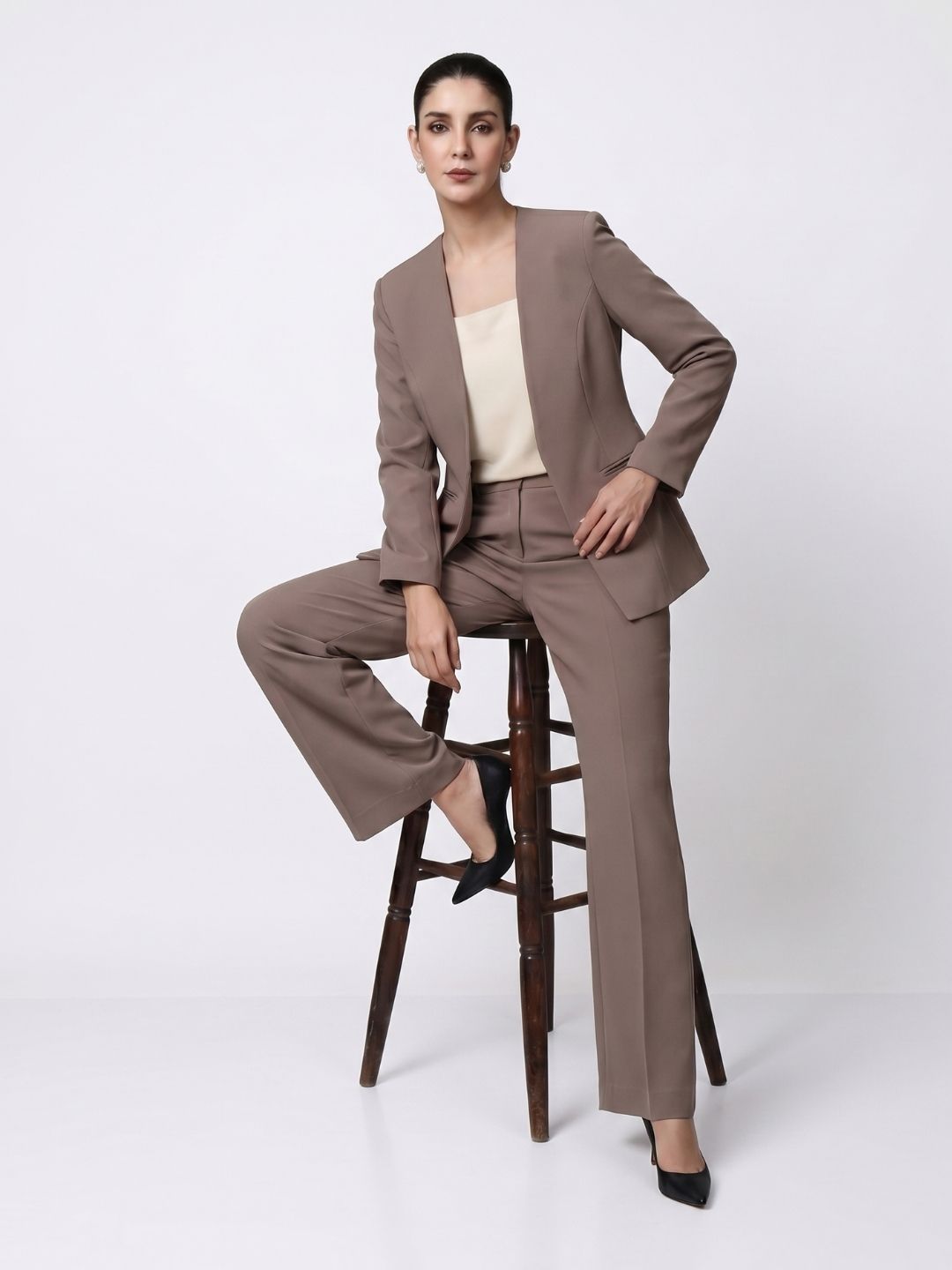 Women Beige-Brown Lapel Less Formal Powersuit