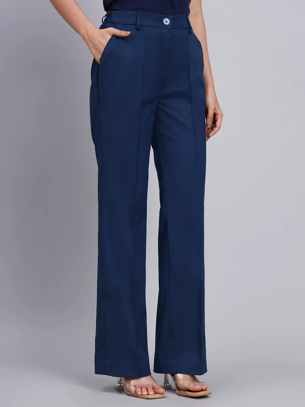 Women Grey Blazer-Set with Contrast Navy Blue Straight fit Pants