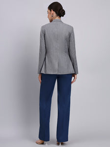 Tailored Grey Blazer-Set with Contrast Navy Blue Flared Pants
