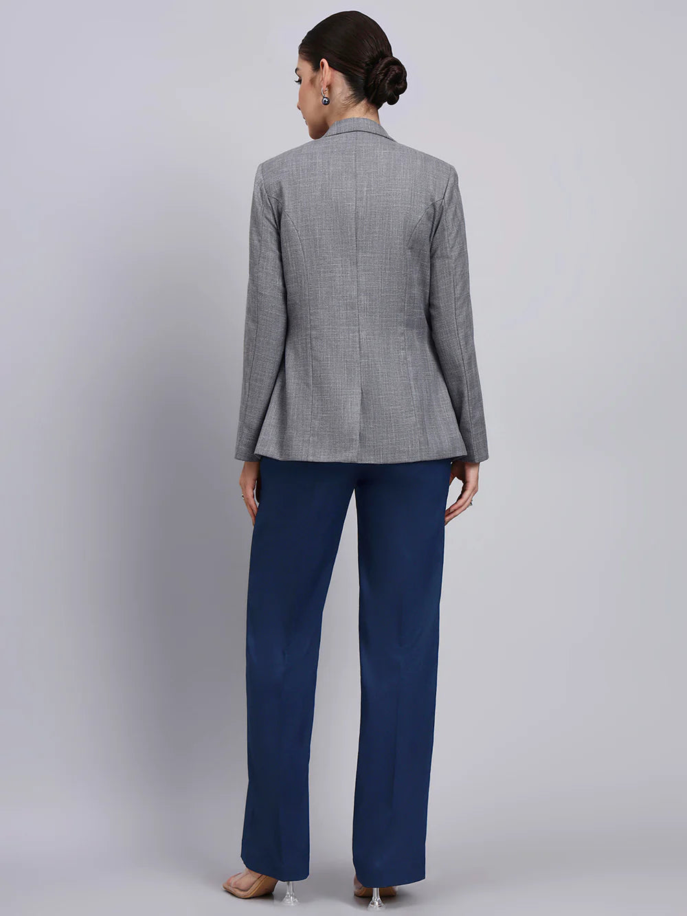 Women Grey Blazer-Set with Contrast Navy Blue Straight fit Pants