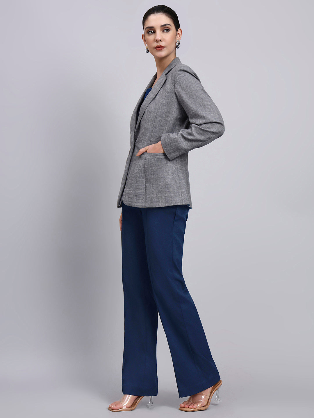 Tailored Grey Blazer-Set with Contrast Navy Blue Flared Pants