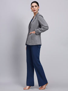 Tailored Grey Blazer-Set with Contrast Navy Blue Flared Pants
