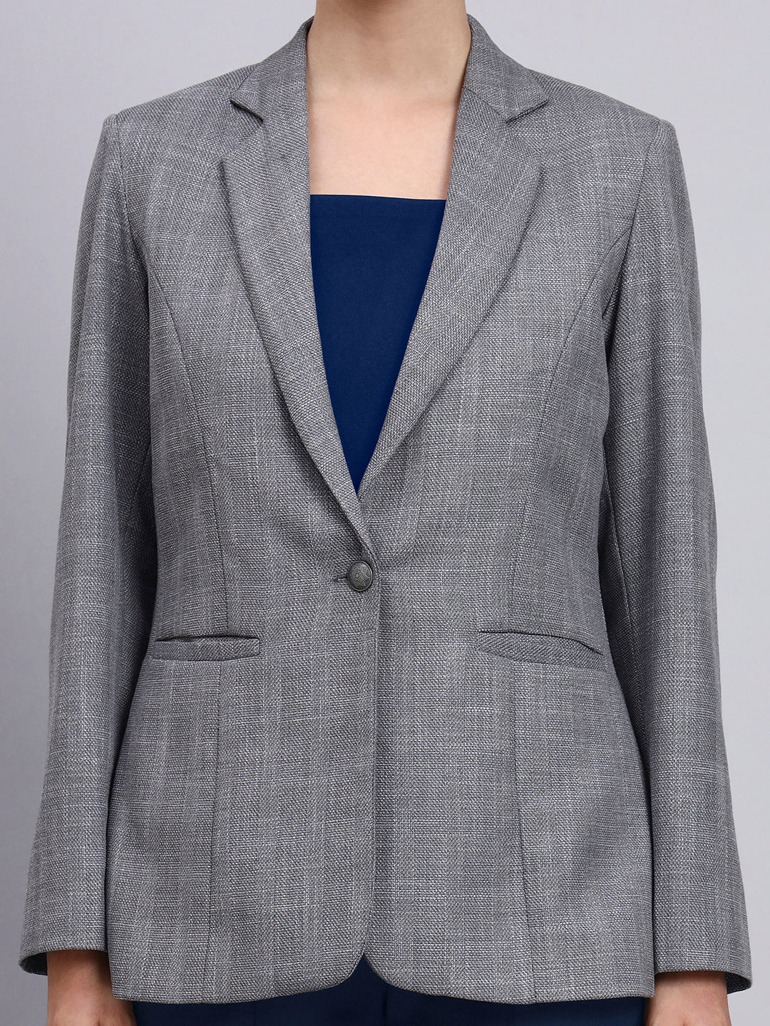 Tailored Grey Blazer-Set with Contrast Navy Blue Flared Pants