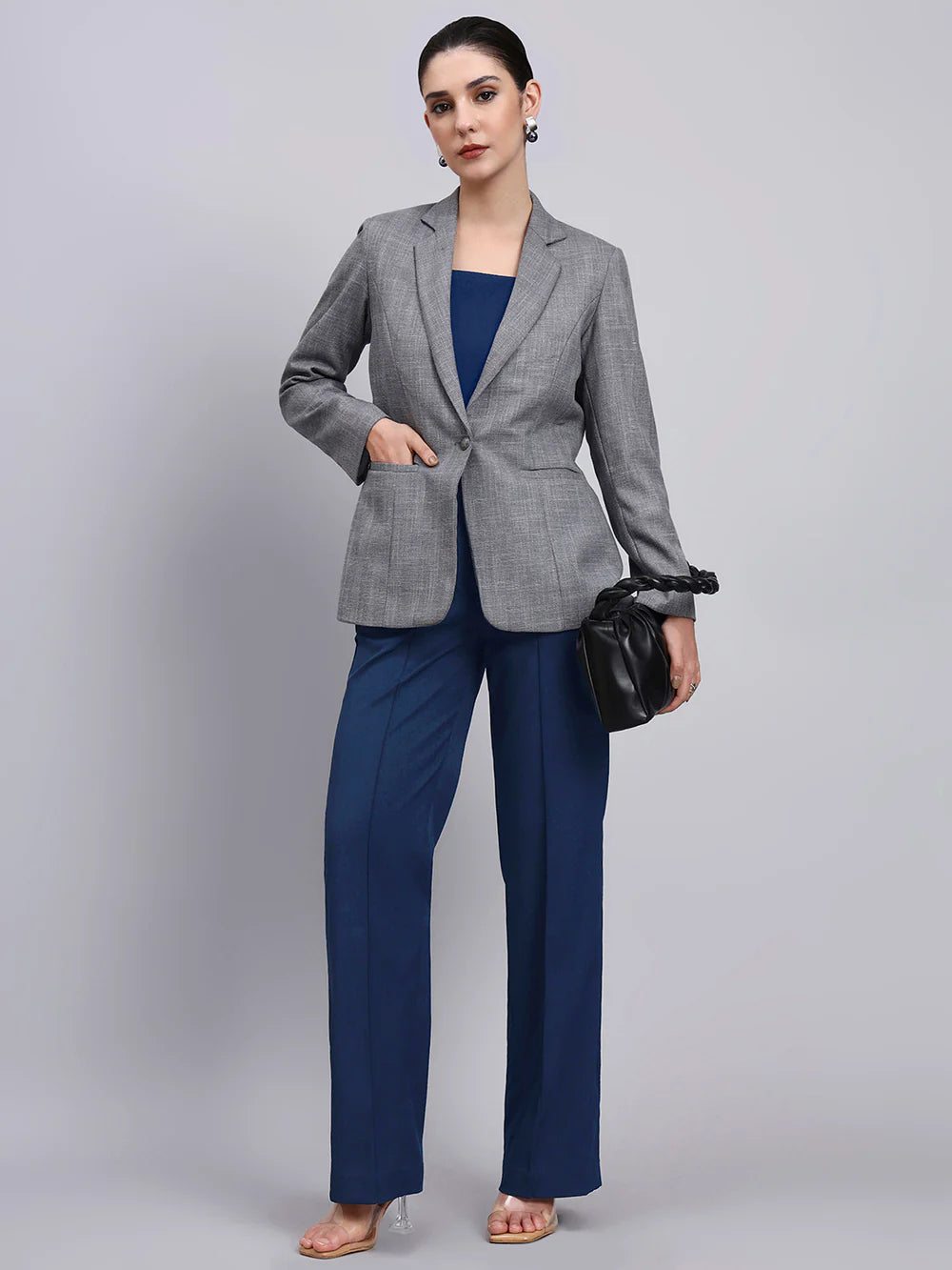 Women Grey Blazer-Set with Contrast Navy Blue Straight fit Pants