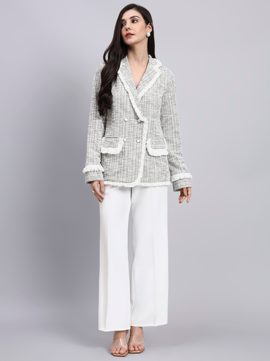 Classic beige warm tweed stretchable Blazer Paired With Classic Regular Fit Mid-Rise Parallel Trousers