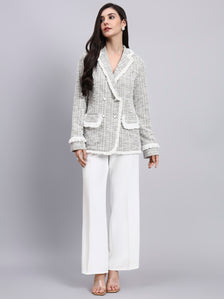 Classic beige warm tweed stretchable Blazer Paired With Classic Regular Fit Mid-Rise Parallel Trousers