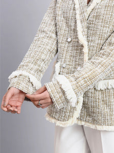 Classic Beige Warm Tweed Stretchable  Blazer Paired With Classic Straight Fit High-Rise Pleated Trousers