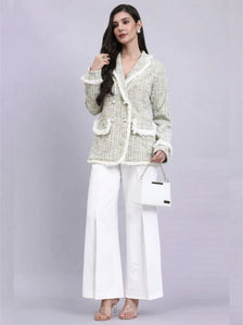 Classic Beige Warm Tweed Stretchable  Blazer Paired With Classic Straight Fit High-Rise Pleated Trousers