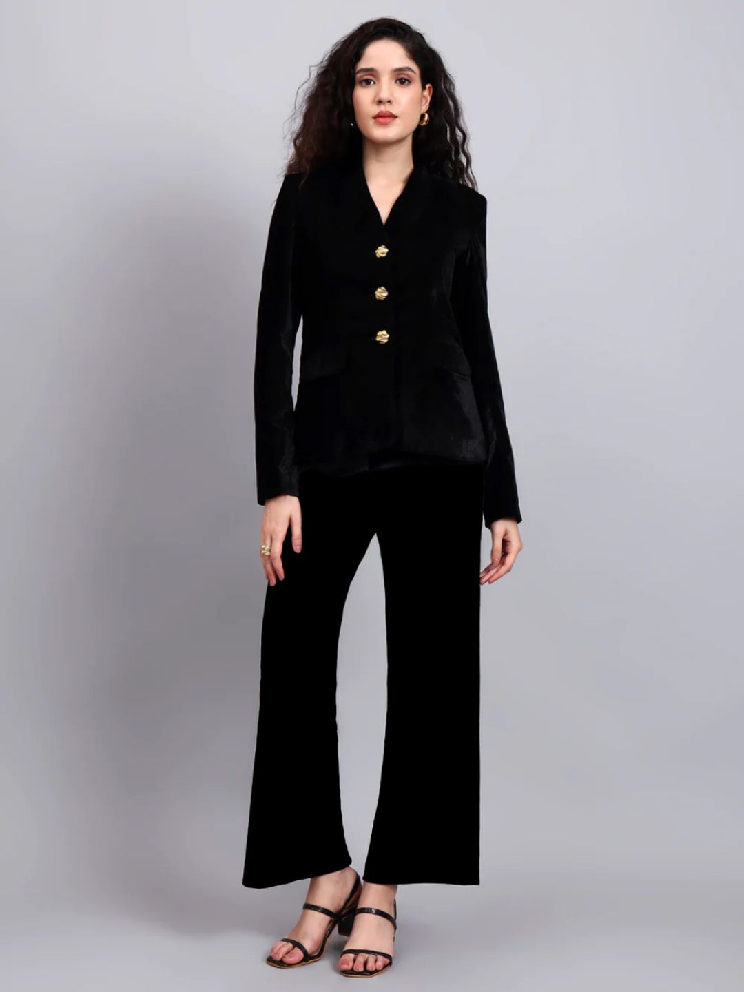 Women Black Velvet Stretchable Blazer Set with Gold-Tone Buttons