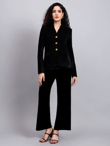 Women Black Velvet Stretchable Blazer Set with Gold-Tone Buttons