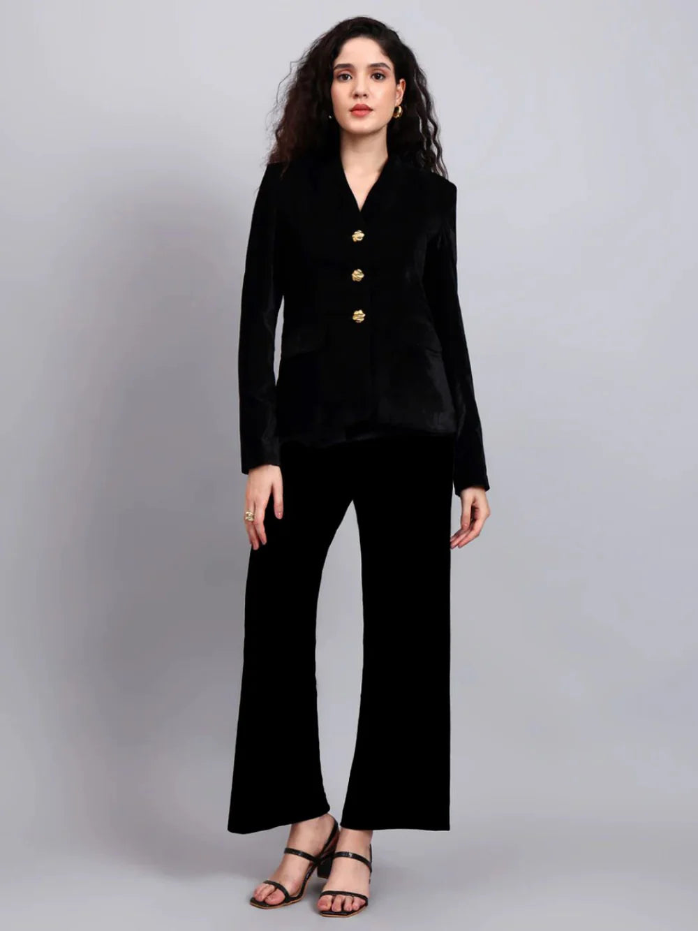 Women Black Velvet Gold Buttoned Stretch Blazer Set