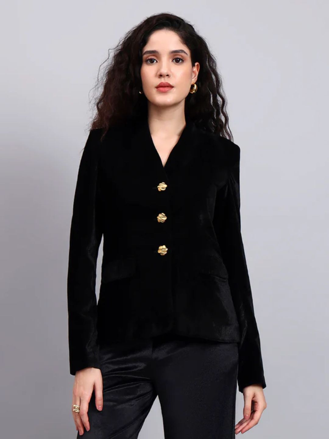 Women Black Velvet Stretchable Blazer Set with Gold-Tone Buttons