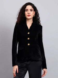 Women Black Velvet Stretchable Blazer Set with Gold-Tone Buttons
