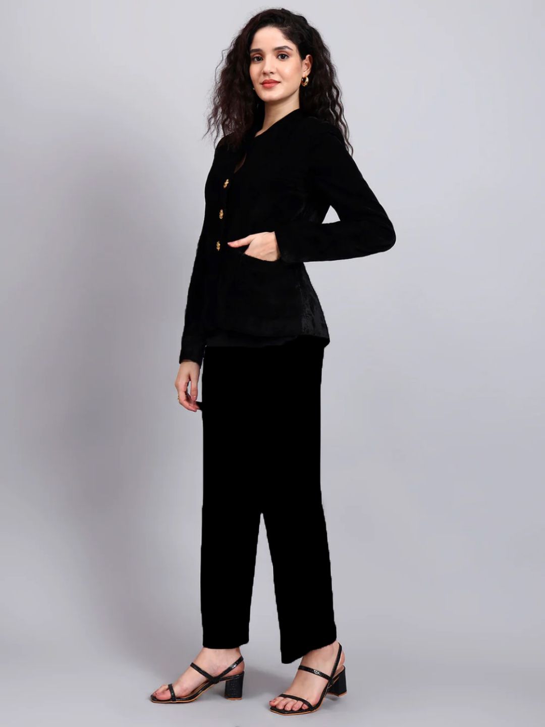 Women Black Velvet Stretchable Blazer Set with Gold-Tone Buttons