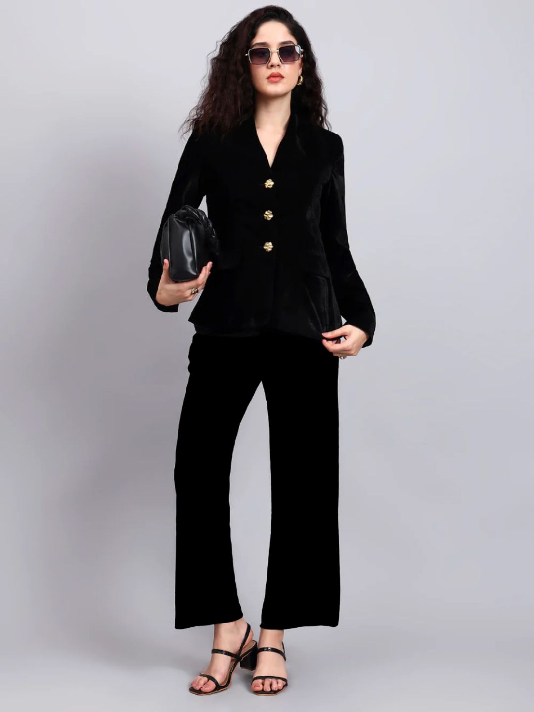 Women Black Velvet Stretchable Blazer Set with Gold-Tone Buttons