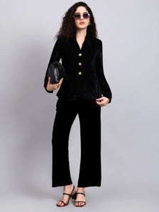 Women Black Velvet Stretchable Blazer Set with Gold-Tone Buttons