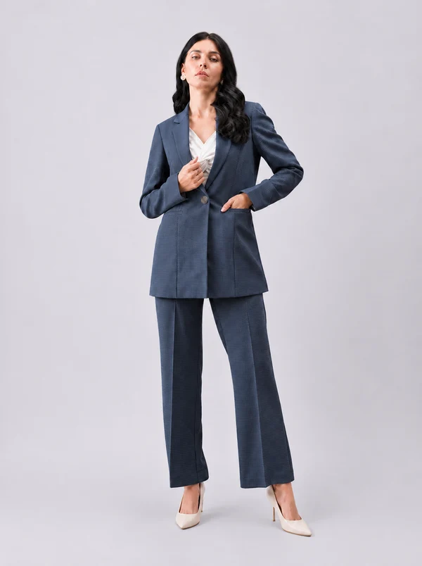 Women Navy Blue Checked Single Breasted Formal Pantsuit