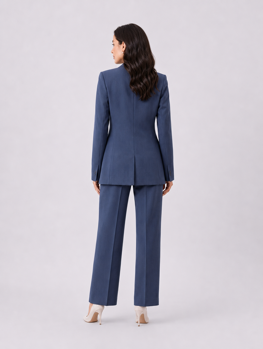 Women Navy Blue Checked Single Breasted Formal Pantsuit
