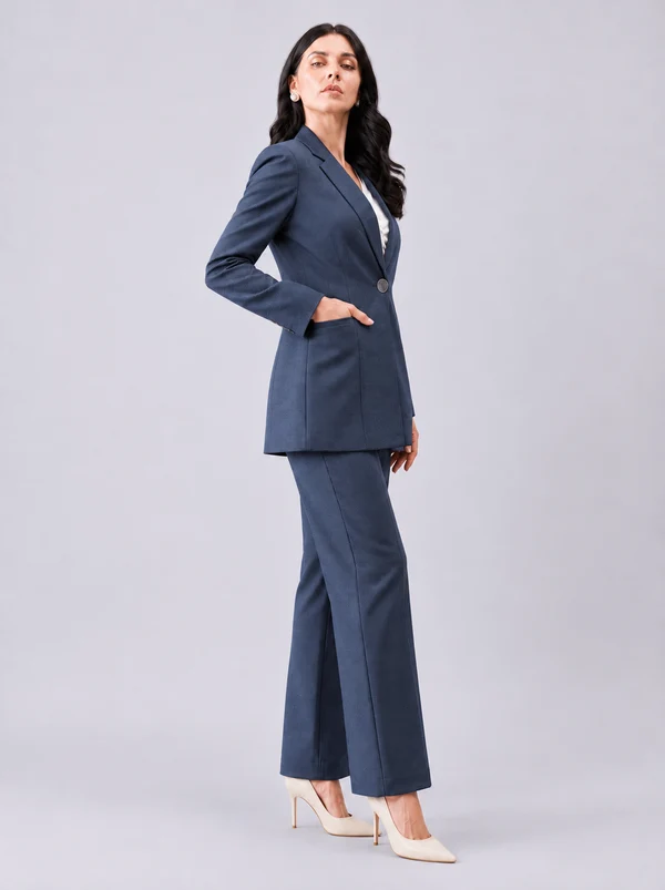 Women Navy Blue Checked Single Breasted Formal Pantsuit