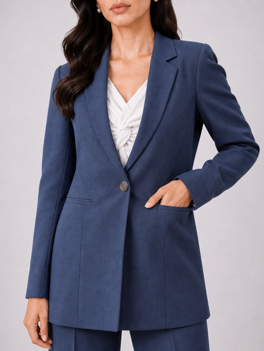 Women Navy Blue Checked Single Breasted Formal Pantsuit