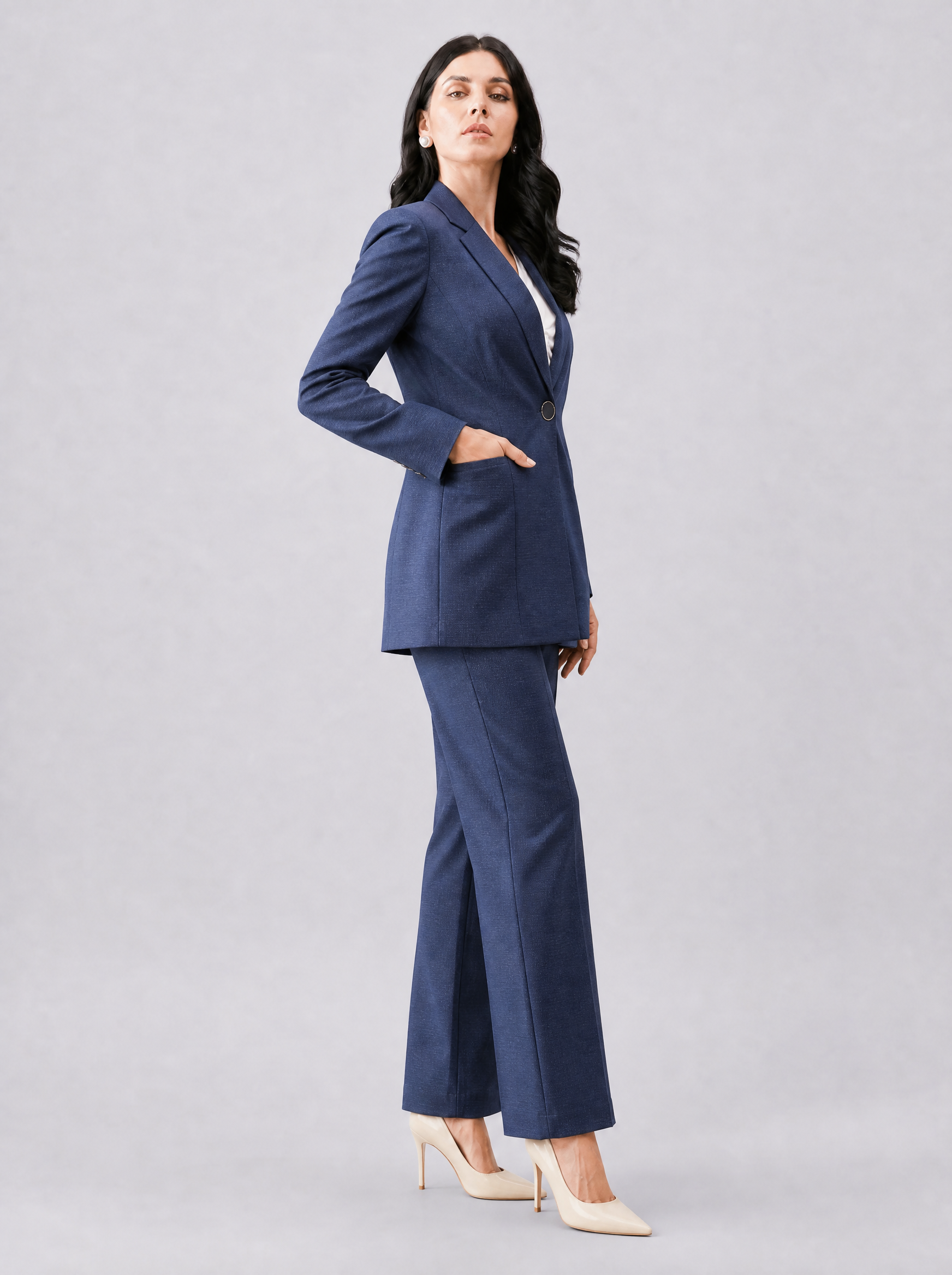 Women Navy Blue Checked Single Breasted Formal Pantsuit